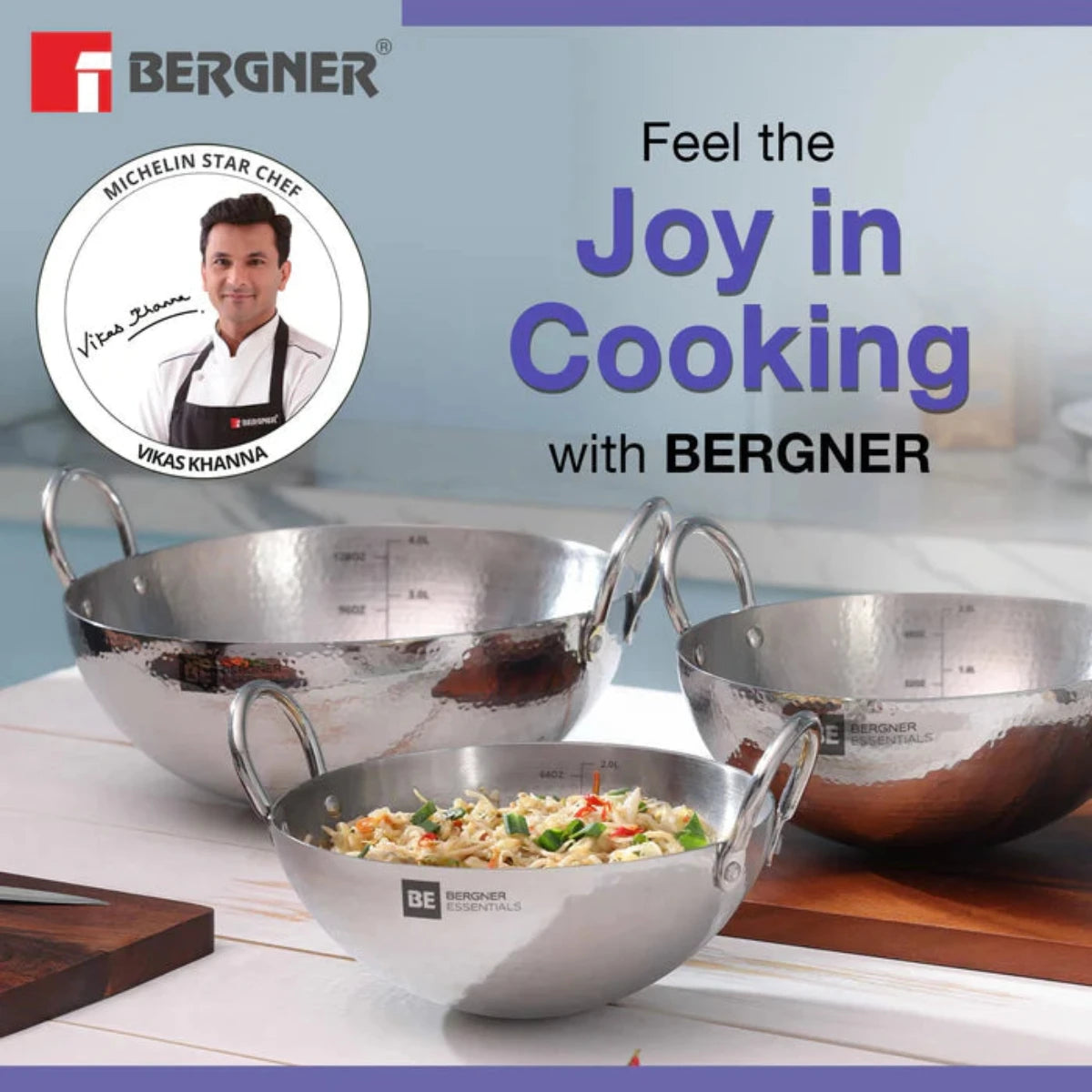 Be Bergner 12cm (0.45L) Stainless Steel Hammered Kadhai, (Induction Base)