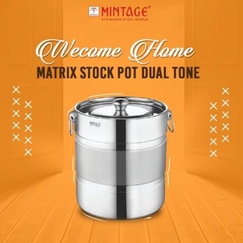 Mintage Stainless Steel Matrix Stock Pot Dual Tone - 4 L, 5 L, 7 L Silver Utility Container (Pack of 3, Silver)