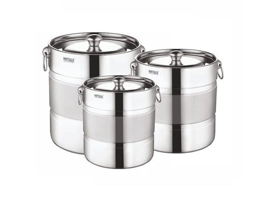 Mintage Stainless Steel Matrix Stock Pot Dual Tone - 8 L, 9.5 L, 12 L Silver Utility Container (Pack of 3, Silver)