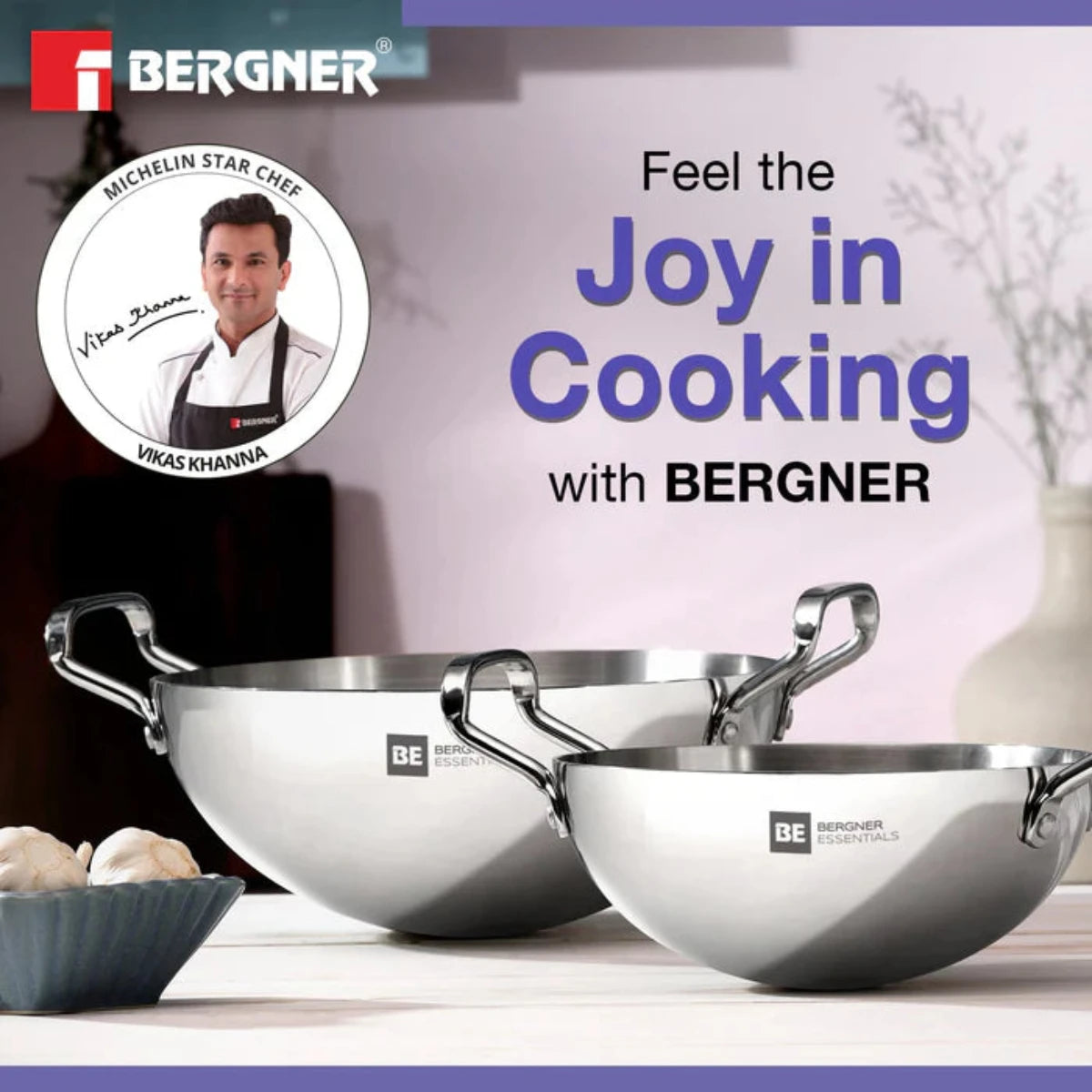 Be Bergner 22cm TriPly Stainless Steel Extra Deep Kadhai, (Induction Base)