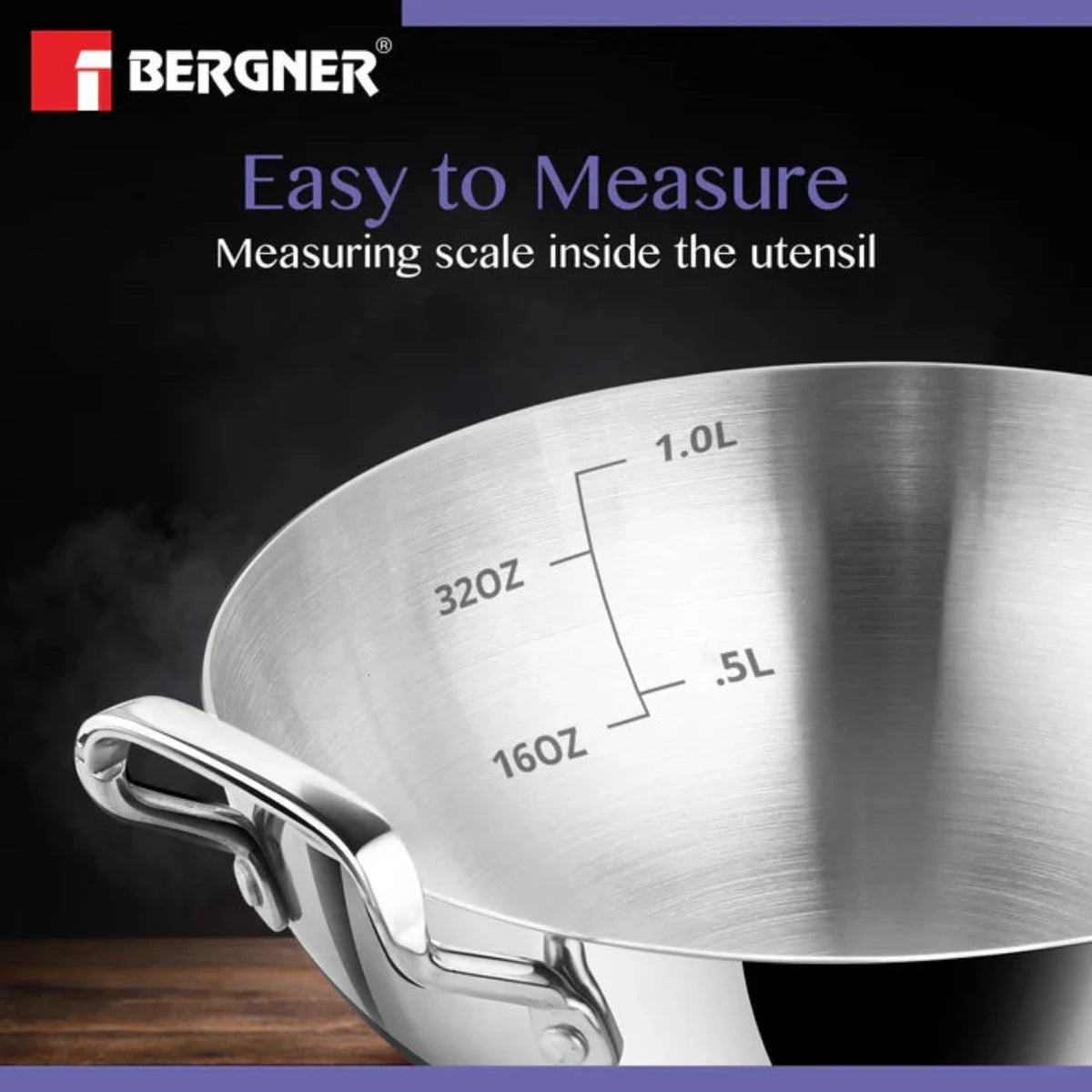 Be Bergner 18cm TriPly Stainless Steel Extra Deep Kadhai, (Induction Base)