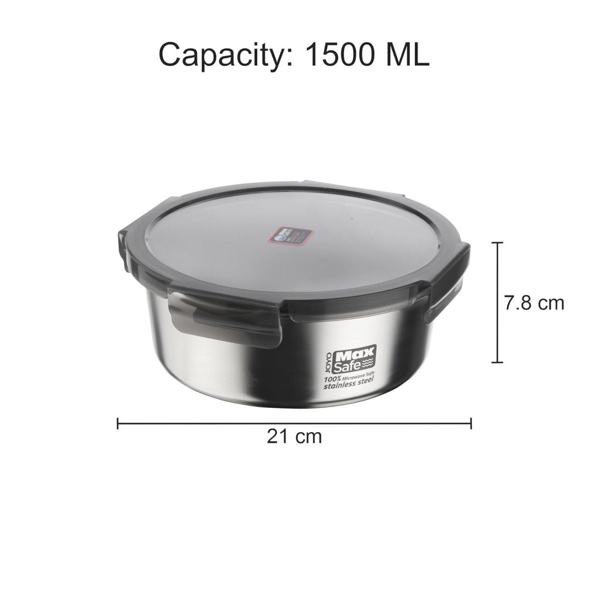 Joyo MaxSafe - India's First 100% Microwave Safe Stainless Steel Leakproof Food Storage Container - 1500ML, Round - 1505