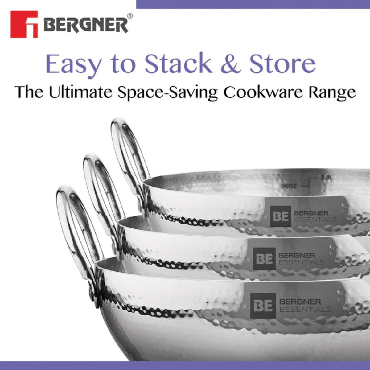 Be Bergner 18cm (1.3L) Stainless Steel Hammered Kadhai, (Induction Base)