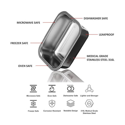 Joyo MaxSafe - India's First 100% Microwave Safe Stainless Steel Leakproof Food Storage Container - 800ML, Rectangle - 2503