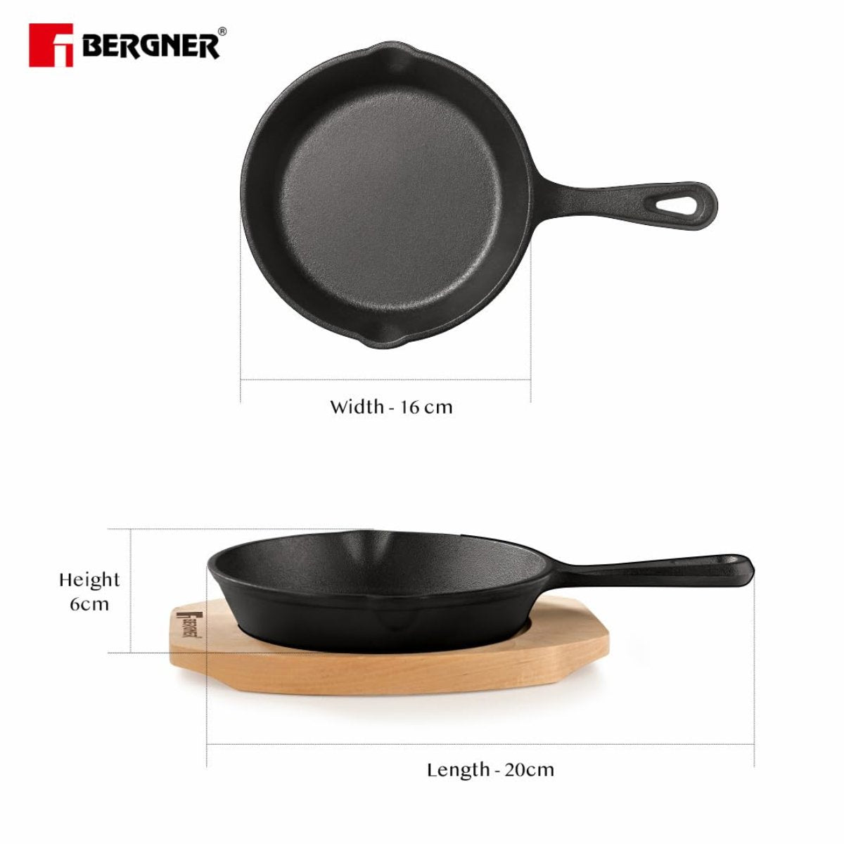 Bergner 15 cm Cast Iron Mini Pan, Cookware & Serveware Comes with Wooden Tray (Induction Base)