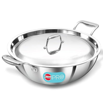 Hawkins Pro Triply Stainless Steel Deep-Fry Pan/Kadhai with Stainless Steel Lid 30 cm/6L