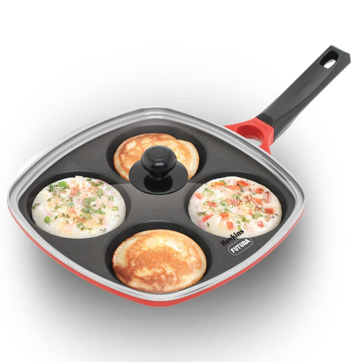 Hawkins 30 cm Die-Cast Multi Snack Pan with Glass Lid (DCMS30G)| Red & Black