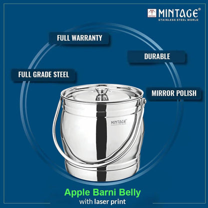 Mintage Stainless Steel Barni Apple Belly - 2.5 L, 5 L, 8 L Steel Utility Container (Pack of 3, Silver)