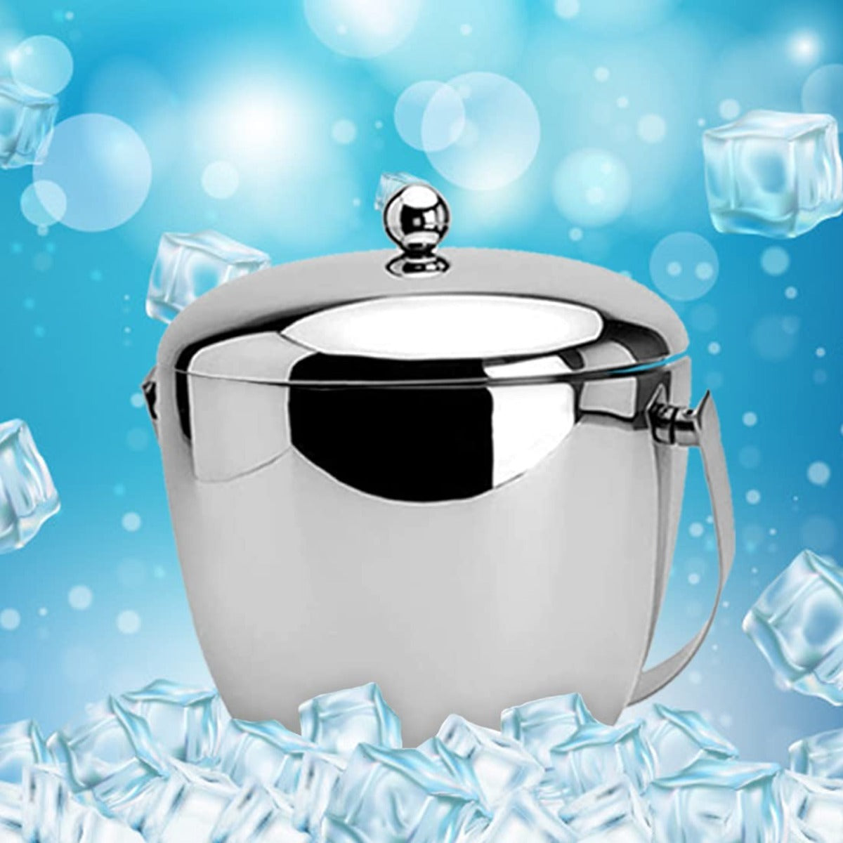 FnS Mirror Finish Apple Double Wall Insulated SS Ice Bucket with Ice Tong