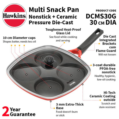 Hawkins 30 cm Die-Cast Multi Snack Pan with Glass Lid (DCMS30G)| Red & Black