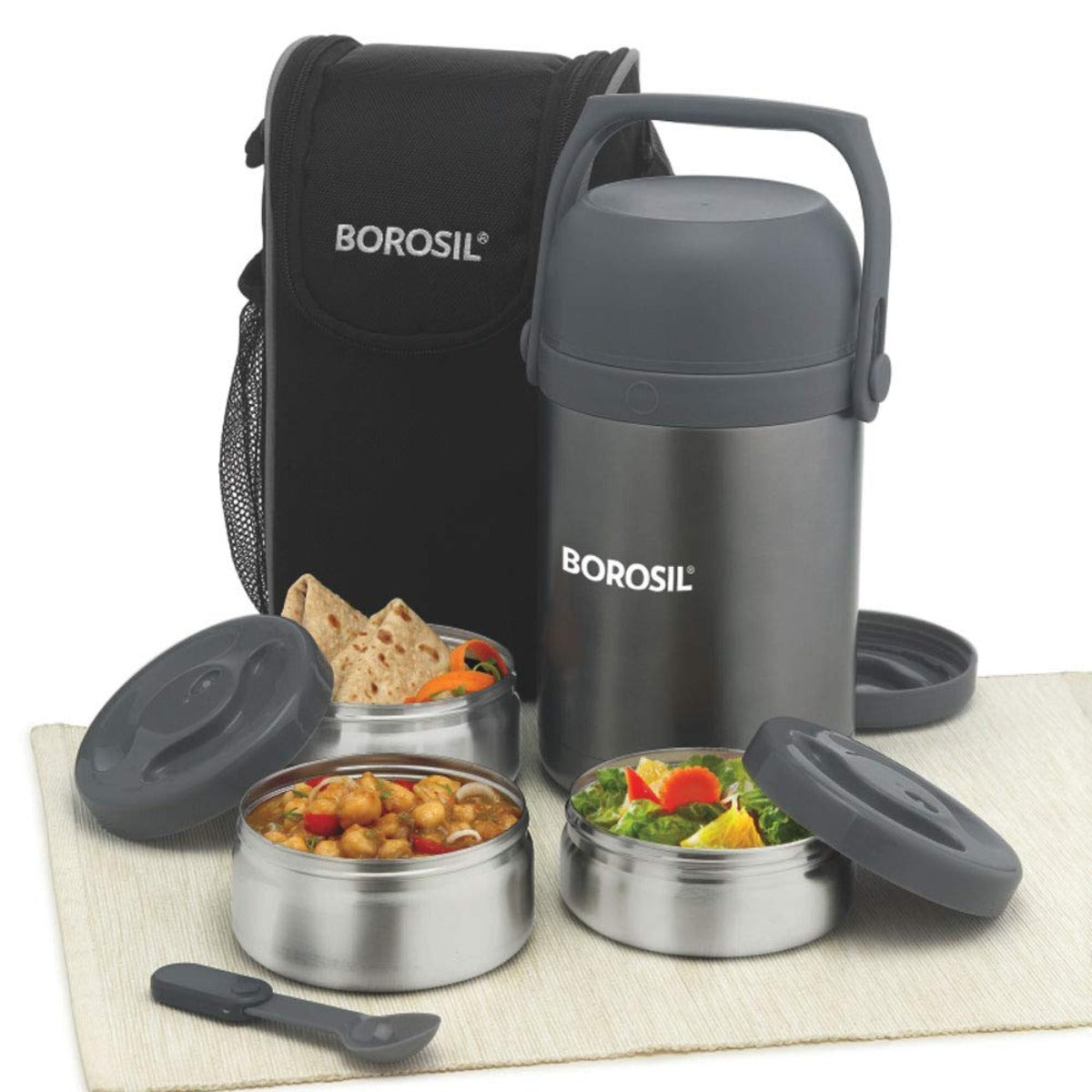 Borosil - Hot-N-Fresh Stainless Steel Insulated Lunch Box, Set of 3 (1pc 350 ml + 2pcs 420 ml)