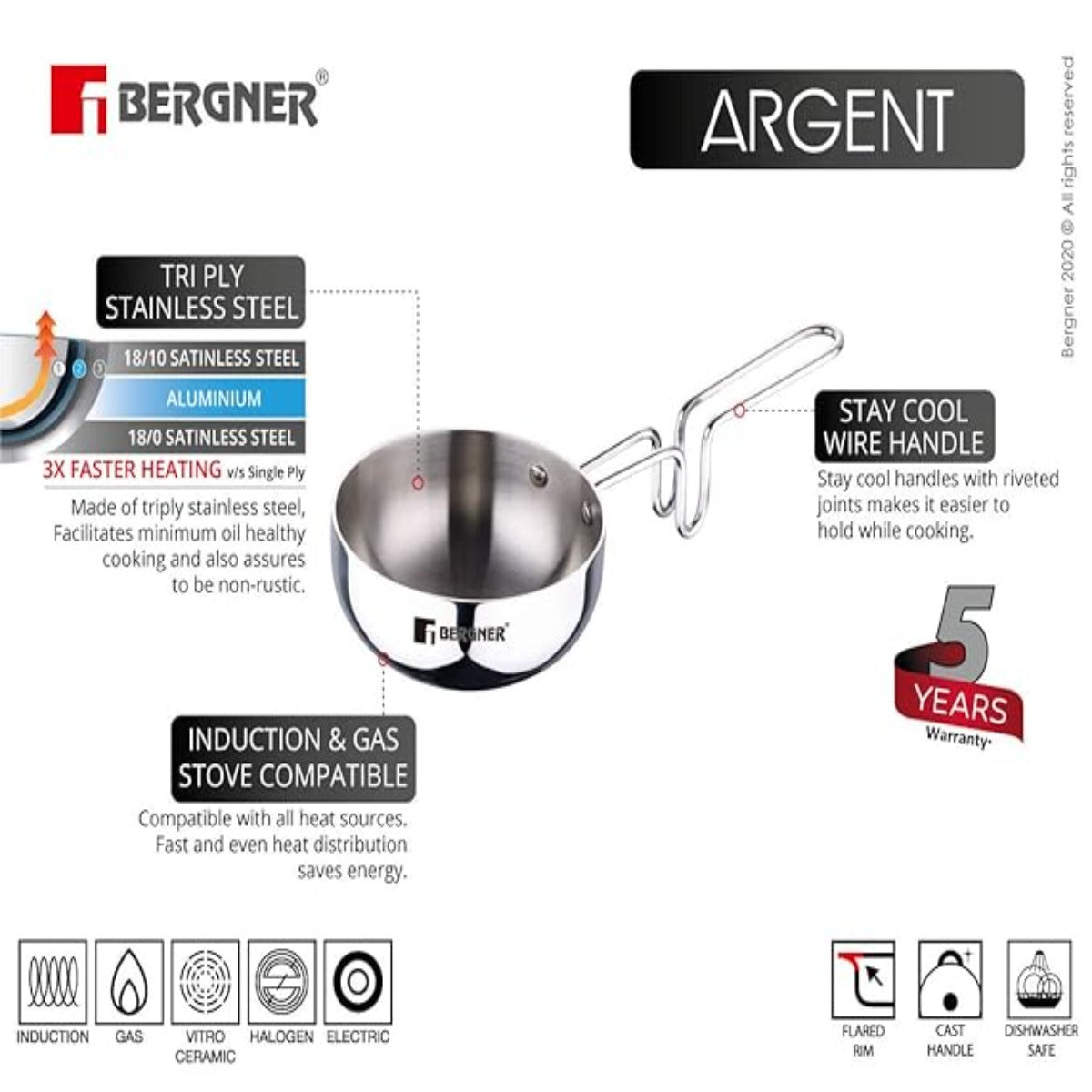 Bergner Argent Tri-Ply Stainless Steel Tadka Pan – 12 cm