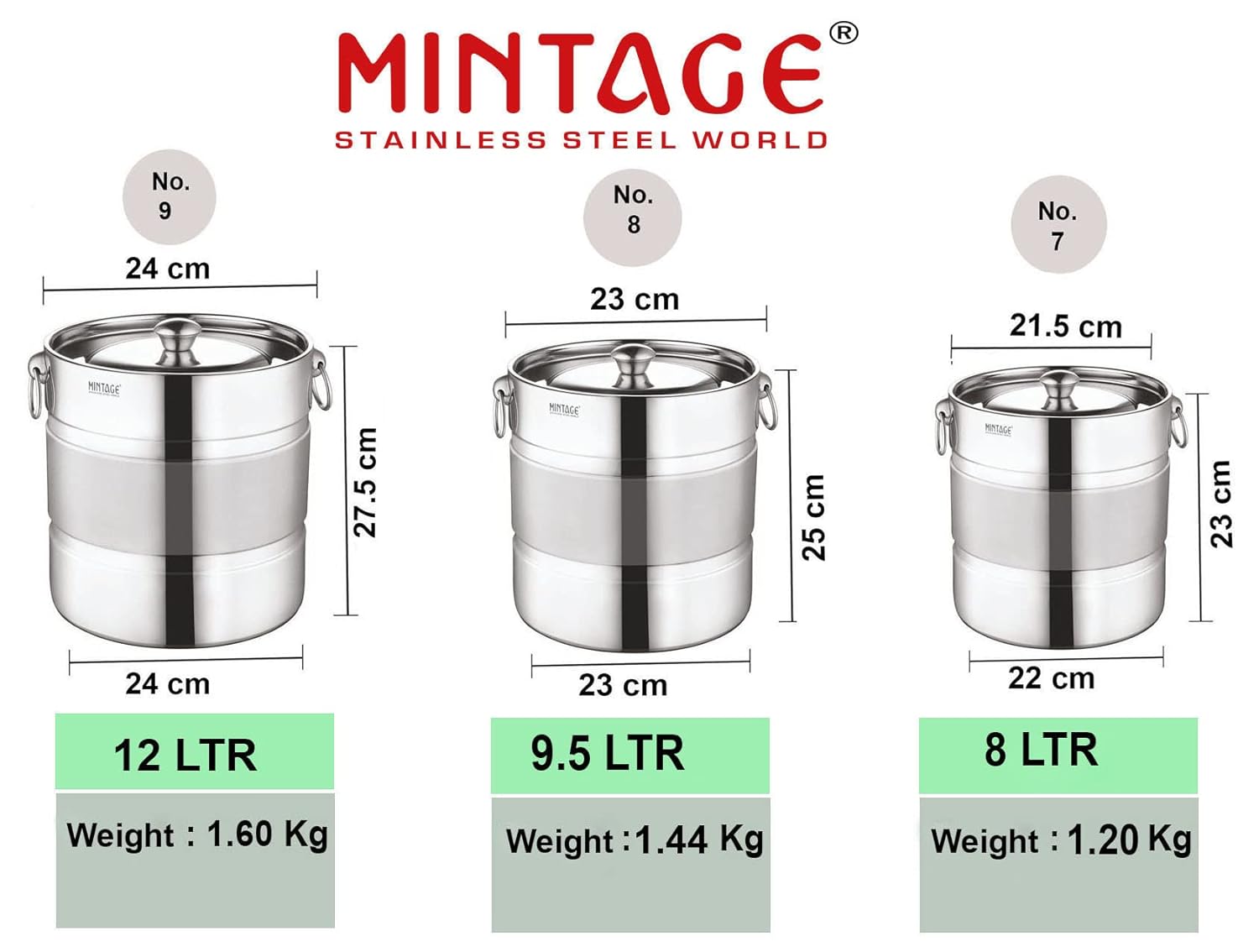 Mintage Stainless Steel Matrix Stock Pot Dual Tone - 8 L, 9.5 L, 12 L Silver Utility Container (Pack of 3, Silver)