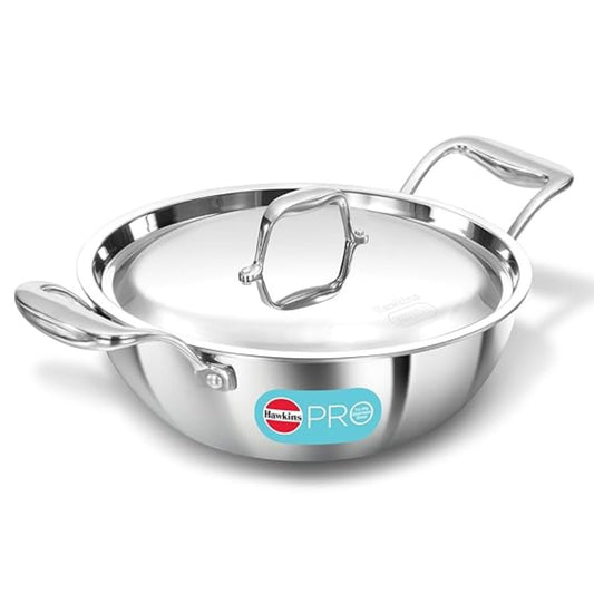 Hawkins Pro Triply Stainless Steel Deep-Fry Pan/Kadhai with Stainless Steel Lid 22 cm/2.5L