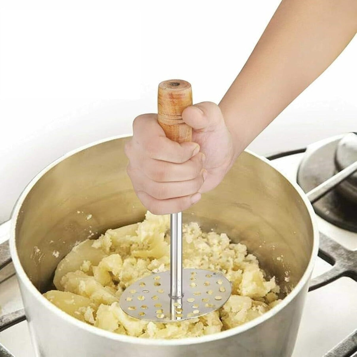 Stainless Steel Potato and Vegetable Masher with Wooden Handle