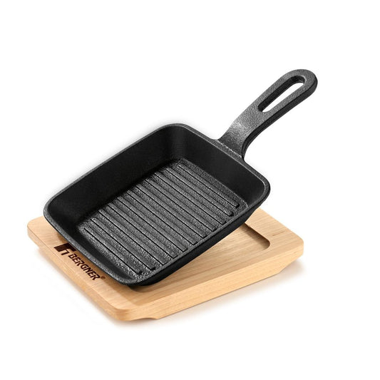 Bergner 13 cm Cast Iron Mini Pan, Cookware & Serveware Comes with Wooden Tray (Induction Base)