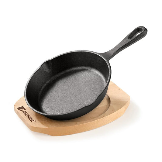 Bergner 15 cm Cast Iron Mini Pan, Cookware & Serveware Comes with Wooden Tray (Induction Base)