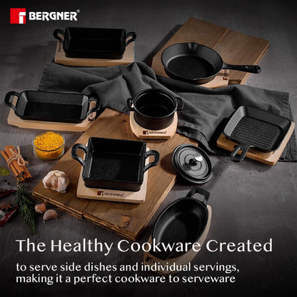 Bergner 15 cm Cast Iron Mini Pan, Cookware & Serveware Comes with Wooden Tray (Induction Base)