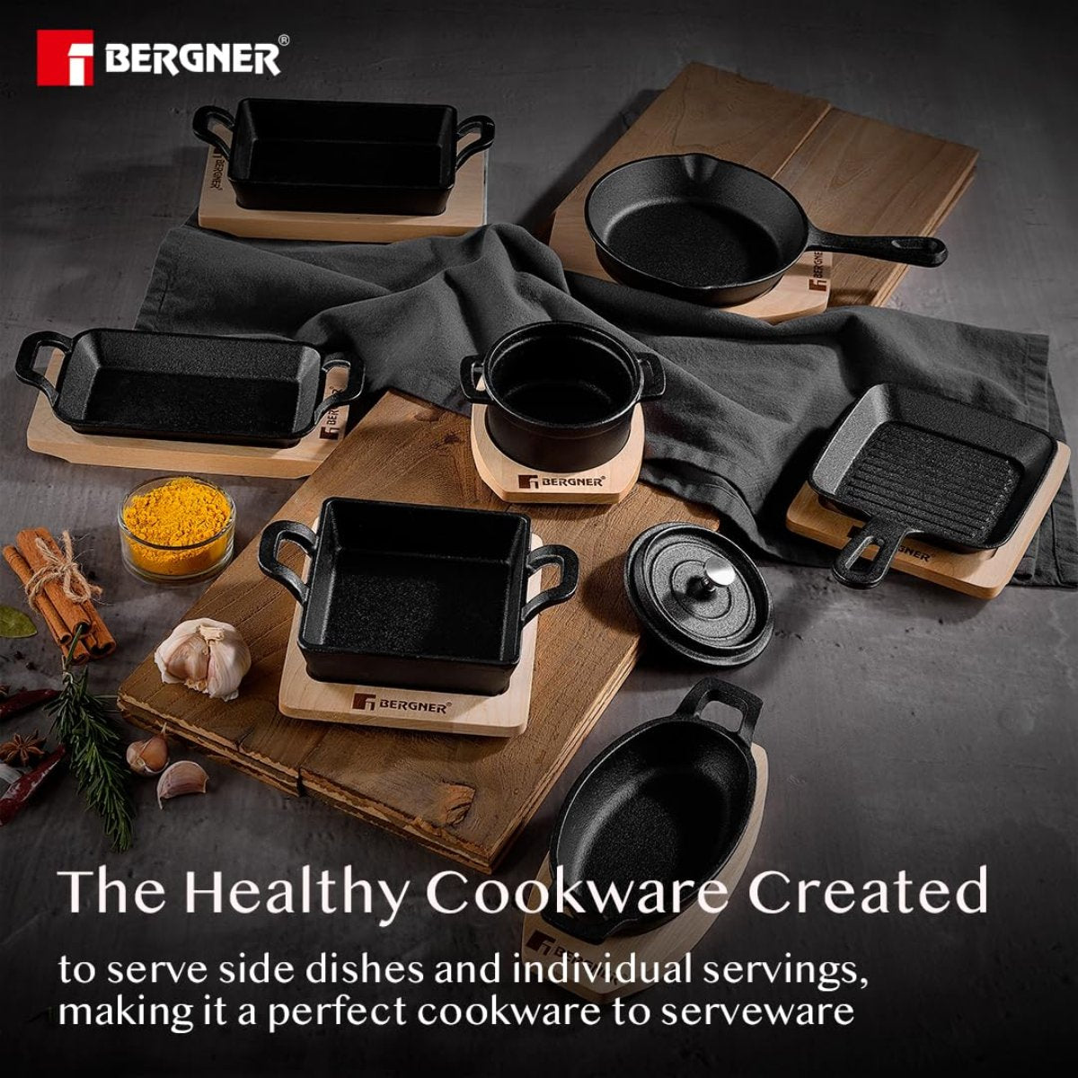 Bergner 13 cm Cast Iron Mini Pan, Cookware & Serveware Comes with Wooden Tray (Induction Base)