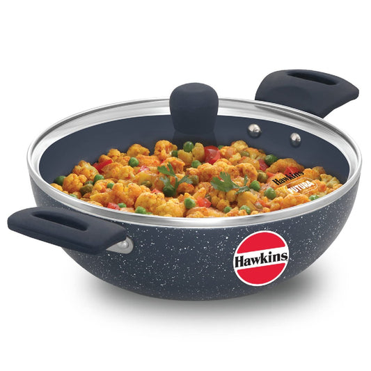 Hawkins Ceramic Nonstick Deep Kadhai with Glass Lid | Induction Compatible