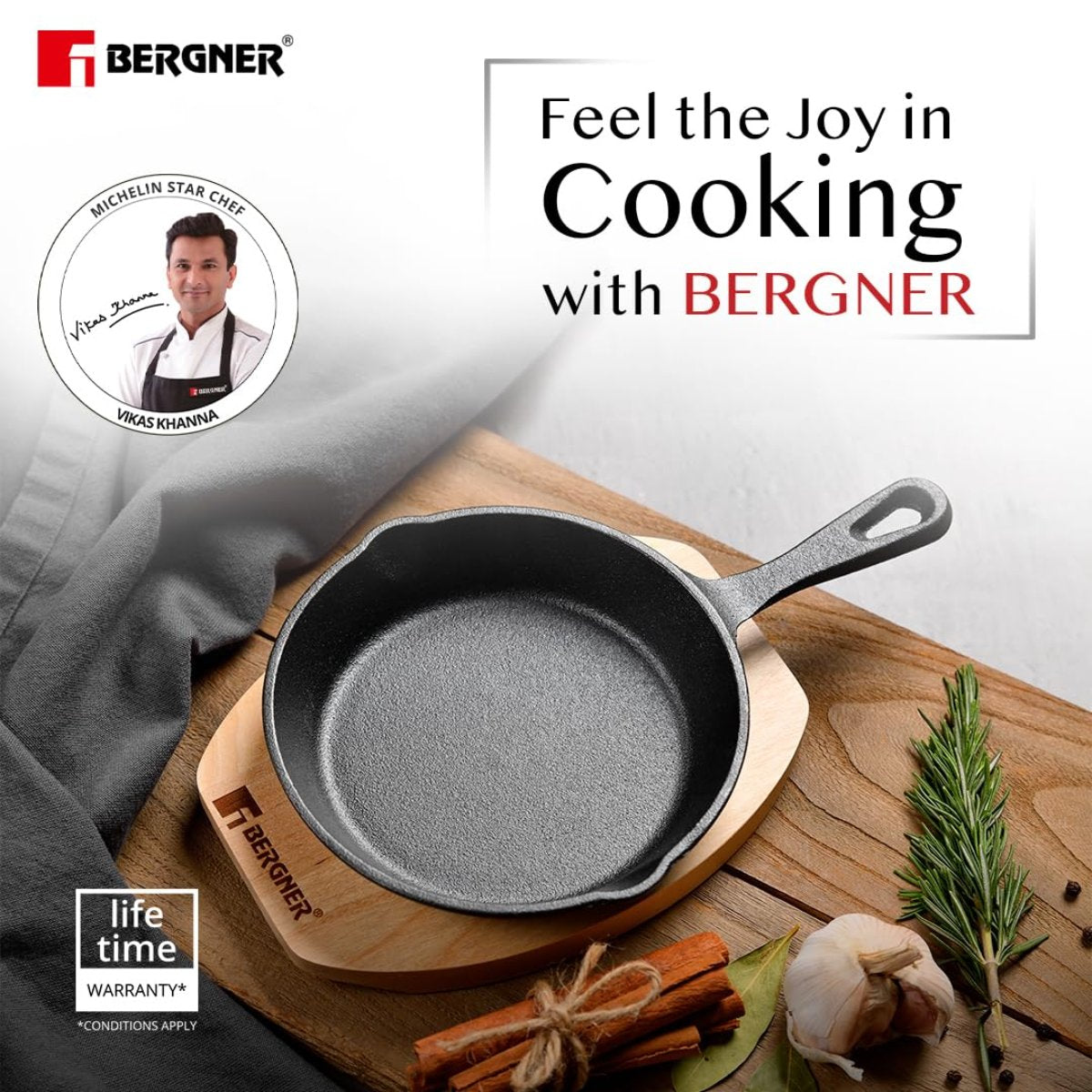 Bergner 15 cm Cast Iron Mini Pan, Cookware & Serveware Comes with Wooden Tray (Induction Base)