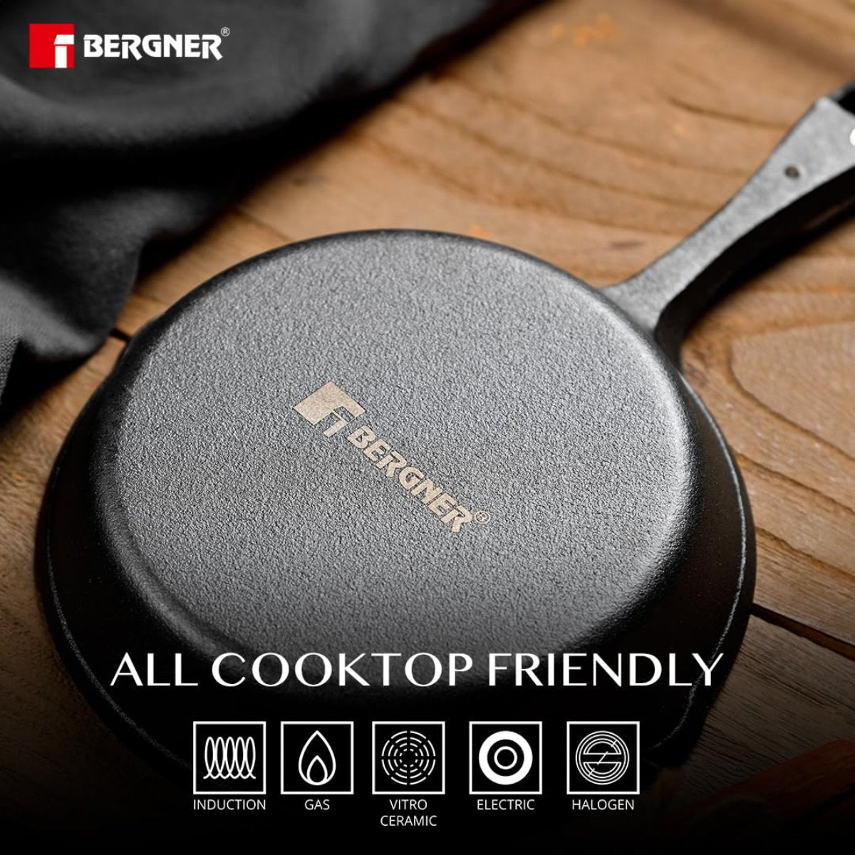 Bergner 15 cm Cast Iron Mini Pan, Cookware & Serveware Comes with Wooden Tray (Induction Base)