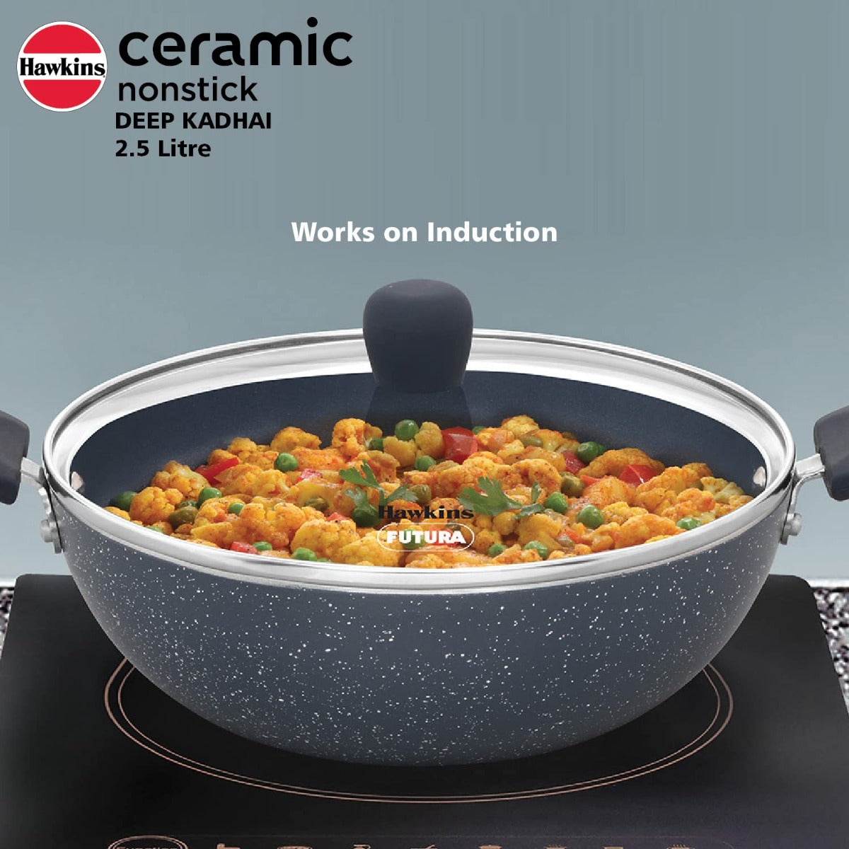 Hawkins Ceramic Nonstick Deep Kadhai with Glass Lid | Induction Compatible