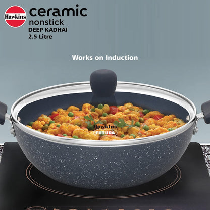 Hawkins Ceramic Nonstick Deep Kadhai with Glass Lid | Induction Compatible