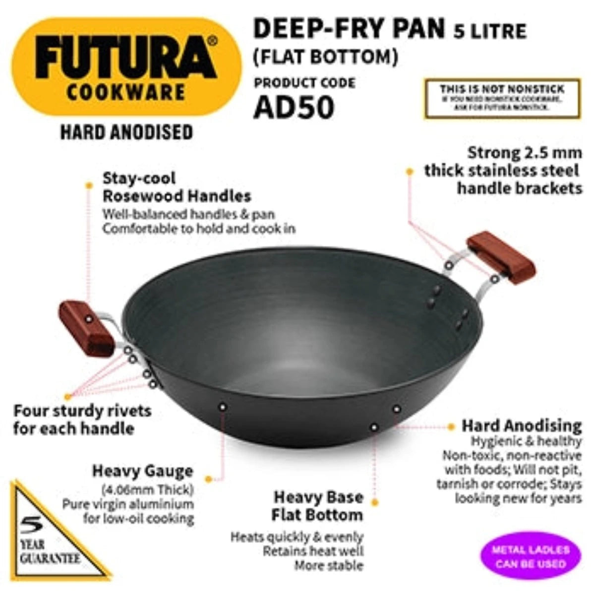 Futura Hard Anodised Deep Wok Pan Flat Bottom by Hawkins AD50