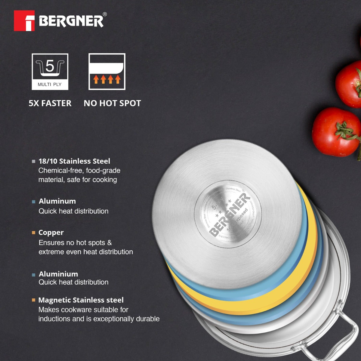 Bergner Argent Tri-Ply Stainless Steel Deep Kadhai with SS Lid