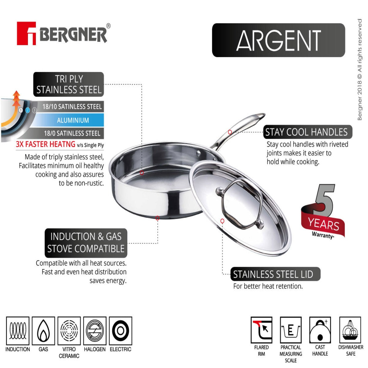 Bergner Argent Triply Sautepan with Lid