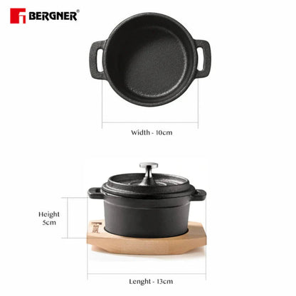 Bergner Cook & Share 10 cm (265ml) Cast Iron Mini Casserole with Lid, Comes with Wooden Tray (Induction Base)