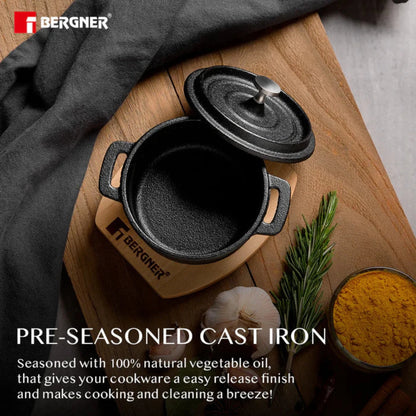 Bergner Cook & Share 10 cm (265ml) Cast Iron Mini Casserole with Lid, Comes with Wooden Tray (Induction Base)