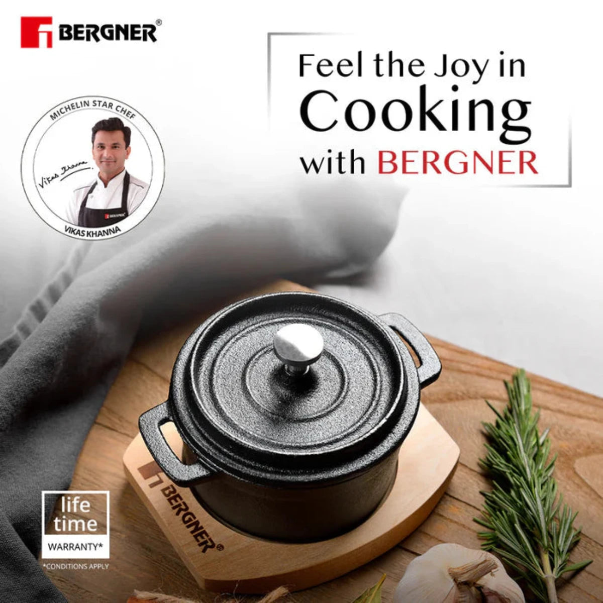 Bergner Cook & Share 10 cm (265ml) Cast Iron Mini Casserole with Lid, Comes with Wooden Tray (Induction Base)