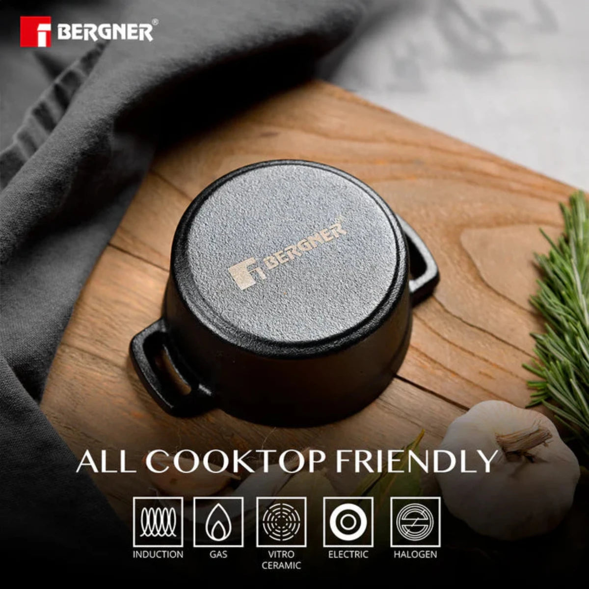 Bergner Cook & Share 10 cm (265ml) Cast Iron Mini Casserole with Lid, Comes with Wooden Tray (Induction Base)