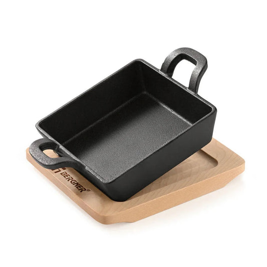 Bergner 12 cm Cast Iron Mini Pan, Cookware & Serveware Comes with Wooden Tray (Induction Base)