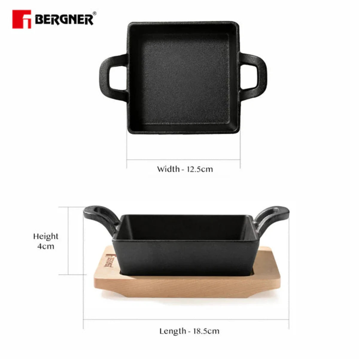 Bergner 12 cm Cast Iron Mini Pan, Cookware & Serveware Comes with Wooden Tray (Induction Base)