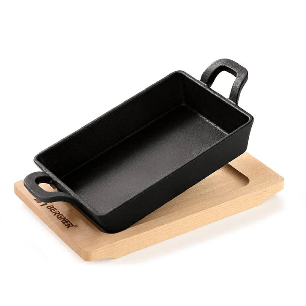 Bergner 16 cm Cast Iron Mini Pan, Cookware & Serveware Comes with Wooden Tray (Induction Base)