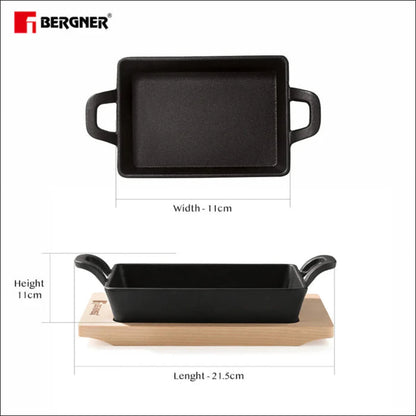 Bergner 16 cm Cast Iron Mini Pan, Cookware & Serveware Comes with Wooden Tray (Induction Base)