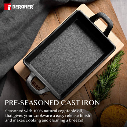 Bergner 16 cm Cast Iron Mini Pan, Cookware & Serveware Comes with Wooden Tray (Induction Base)