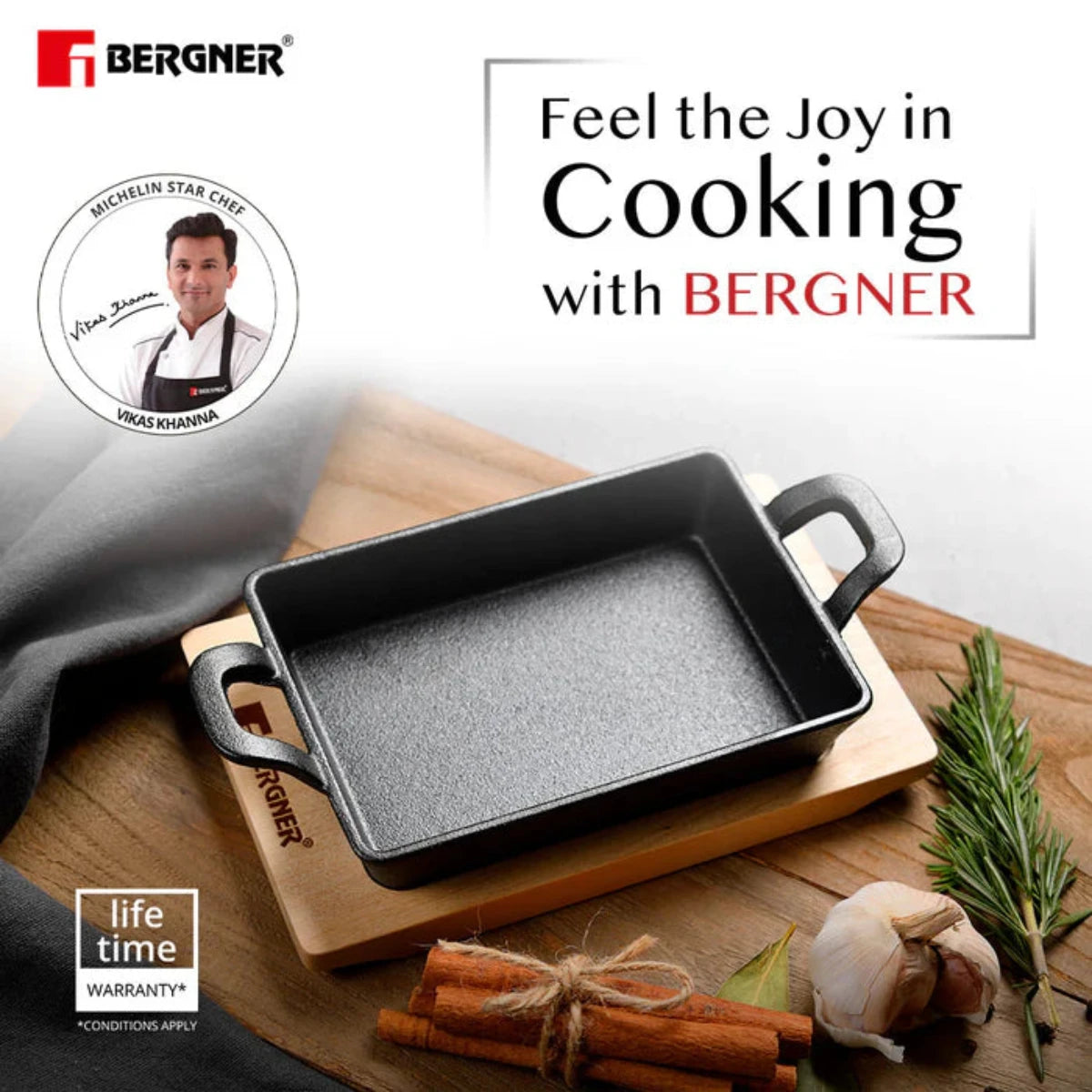 Bergner 16 cm Cast Iron Mini Pan, Cookware & Serveware Comes with Wooden Tray (Induction Base)