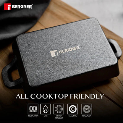 Bergner 16 cm Cast Iron Mini Pan, Cookware & Serveware Comes with Wooden Tray (Induction Base)