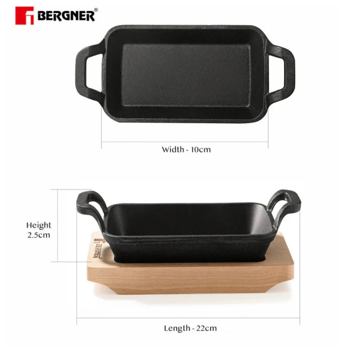 Bergner 17 cm Cast Iron Mini Pan, Cookware & Serveware Comes with Wooden Tray (Induction Base)