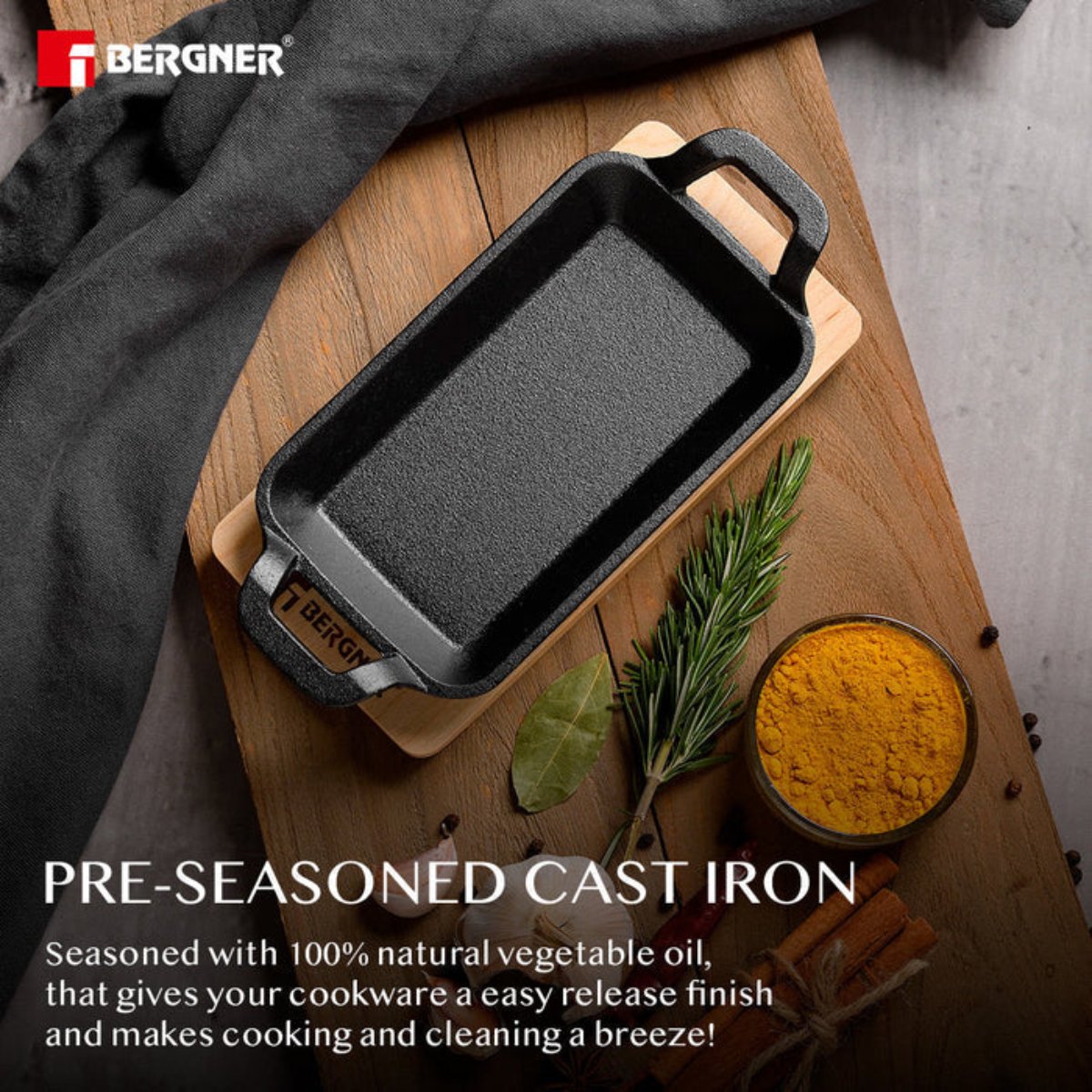 Bergner 17 cm Cast Iron Mini Pan, Cookware & Serveware Comes with Wooden Tray (Induction Base)