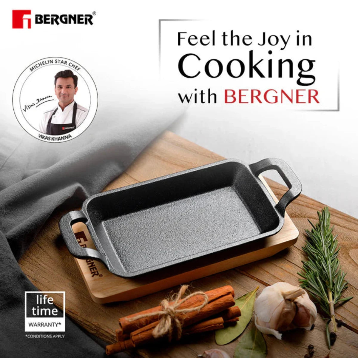 Bergner 17 cm Cast Iron Mini Pan, Cookware & Serveware Comes with Wooden Tray (Induction Base)