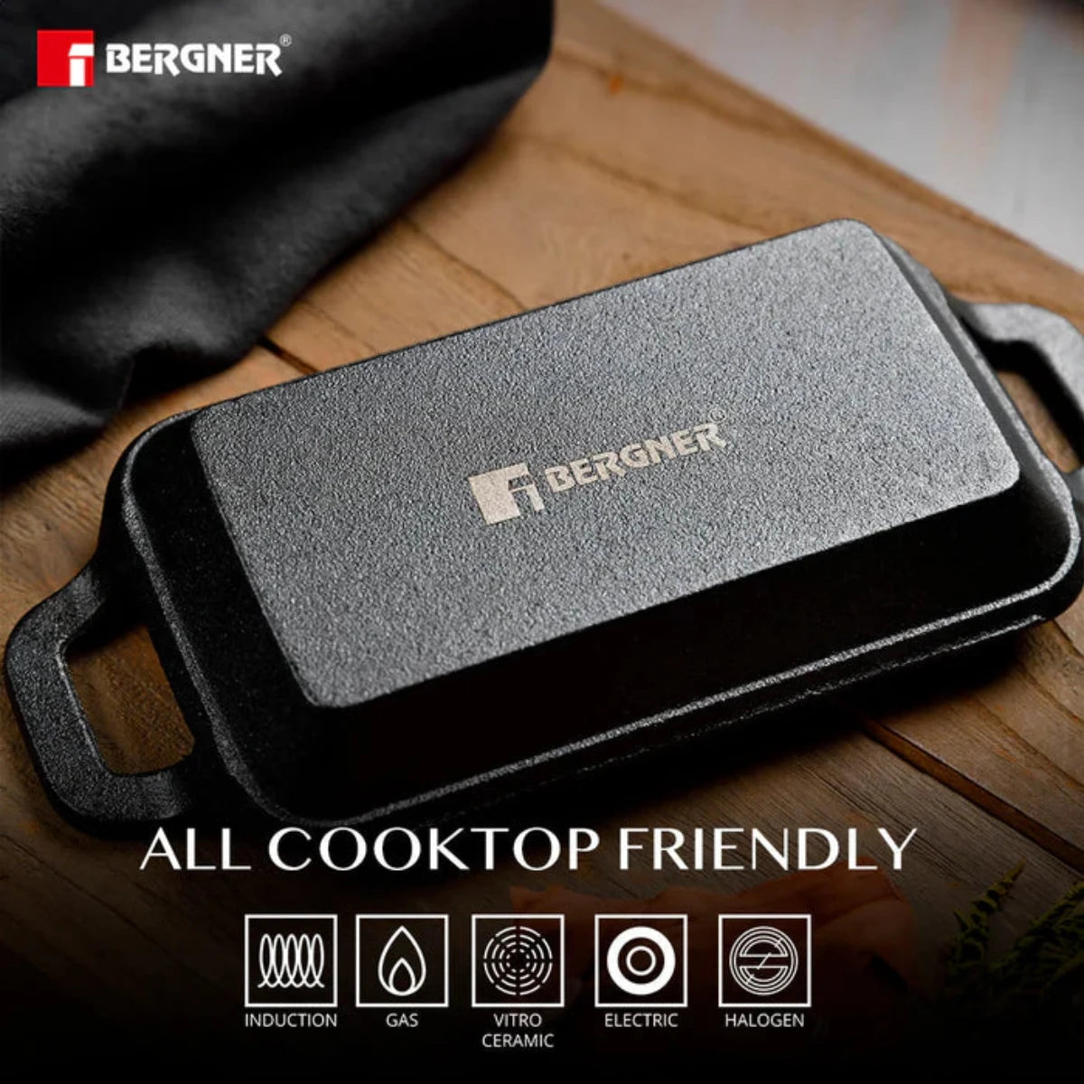 Bergner 17 cm Cast Iron Mini Pan, Cookware & Serveware Comes with Wooden Tray (Induction Base)