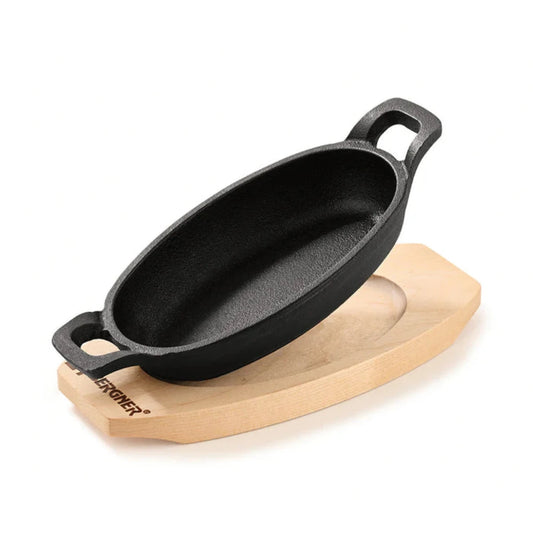 Bergner 15 cm Cast Iron Mini Pan, Cookware & Serveware Comes with Wooden Tray (Induction Base)