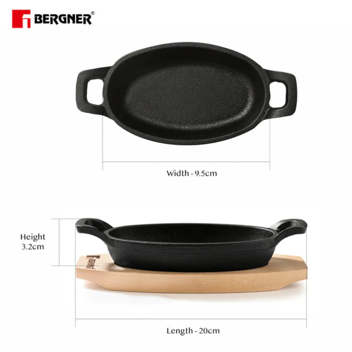 Bergner 15 cm Cast Iron Mini Pan, Cookware & Serveware Comes with Wooden Tray (Induction Base)