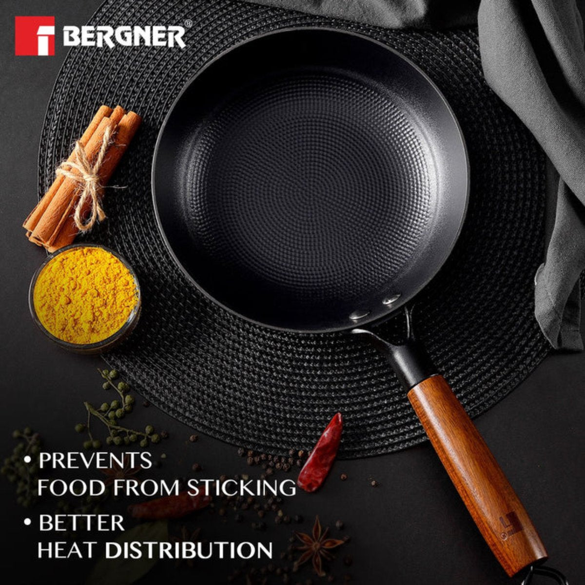 Bergner Odin 24 cm Cast Iron Frypan with Wooden Handle (Induction Base)