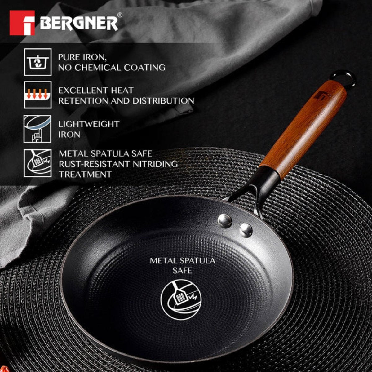 Bergner Odin 24 cm Cast Iron Frypan with Wooden Handle (Induction Base)